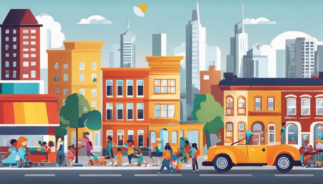 Een groep georganiseerde en attente kinderopvangverleners begeleiden kinderen in een levendige stedelijke omgeving.