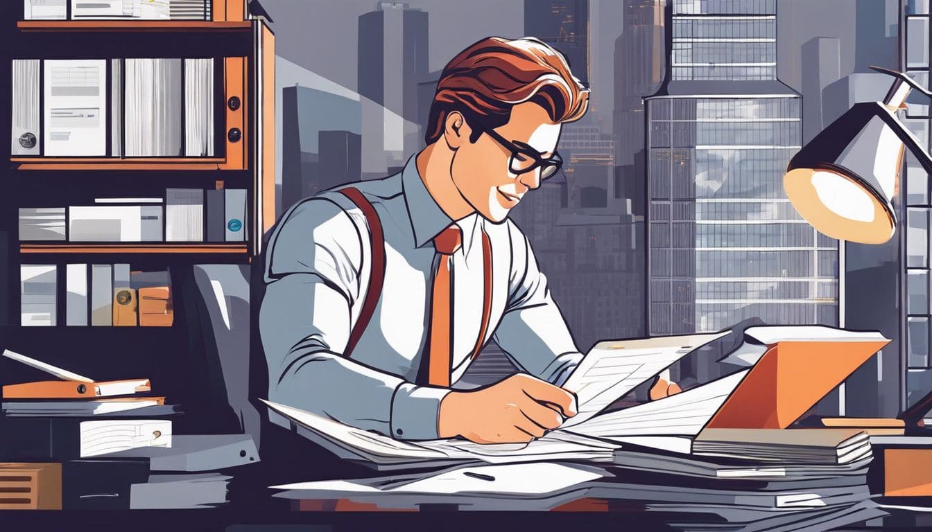 Jonge ondernemer organiseert financi&euml;le documenten op net bureau, cityscape achtergrond.