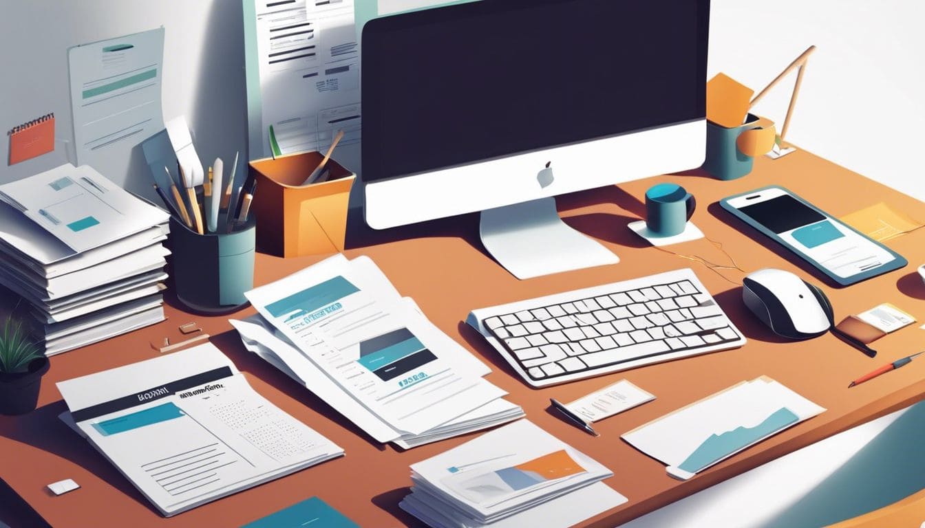 Een opgeruimd bureau met verspreide facturen, bonnetjes en een computer.