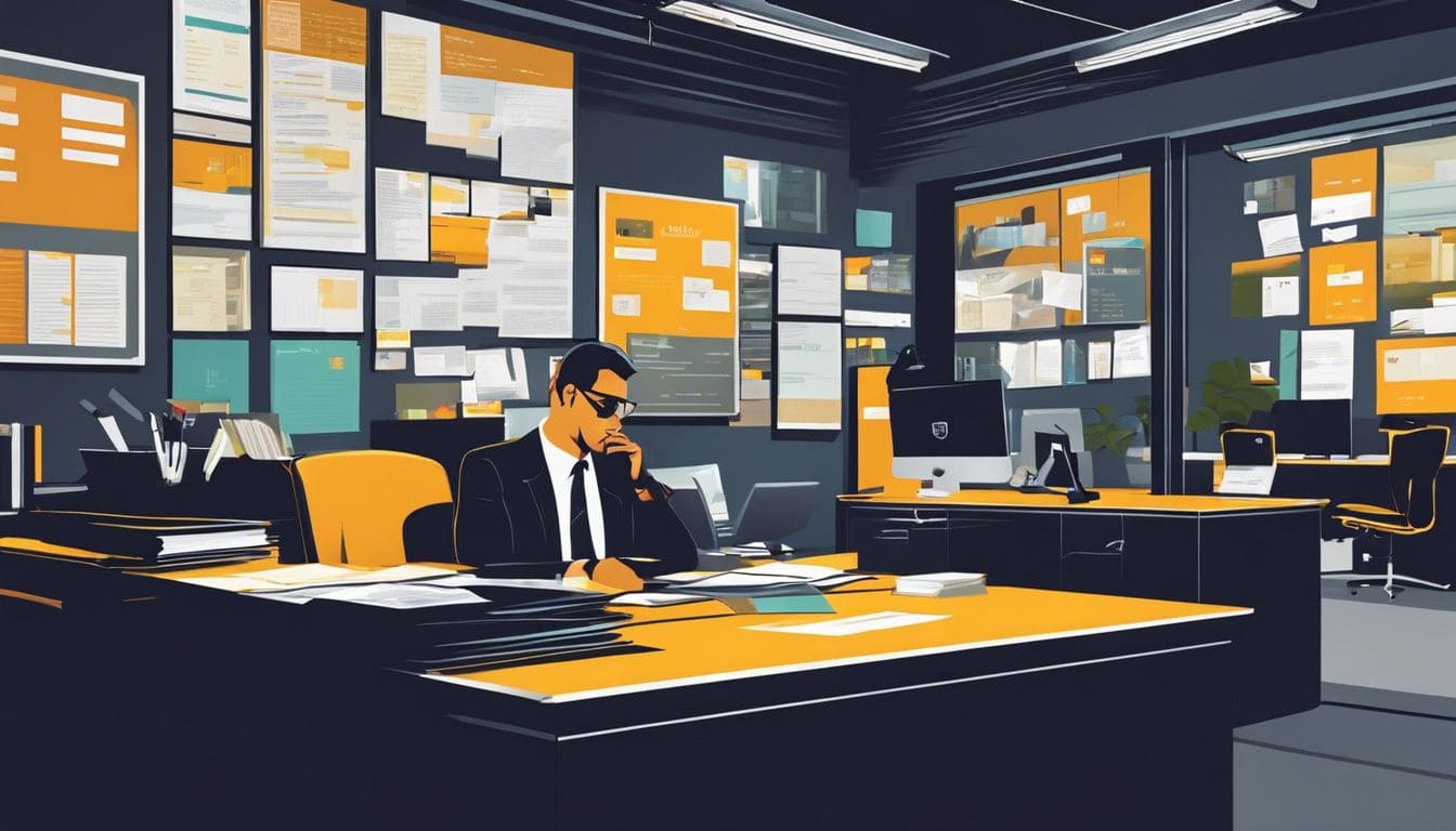 Een taxichauffeur sorteert financi&euml;le gegevens in een eigentijdse kantoorruimte.