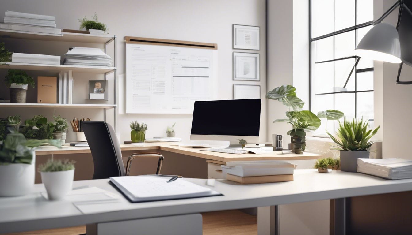 Een zakelijke eigenaar organiseert papierwerk op een net bureau.