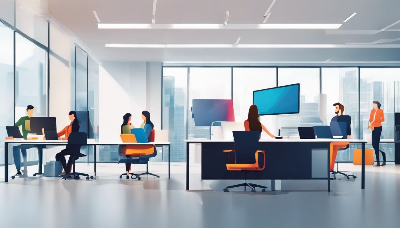 Een groep diverse mensen werkt samen in een modern kantoor. Een groep diverse mensen werkt samen in een modern kantoor.