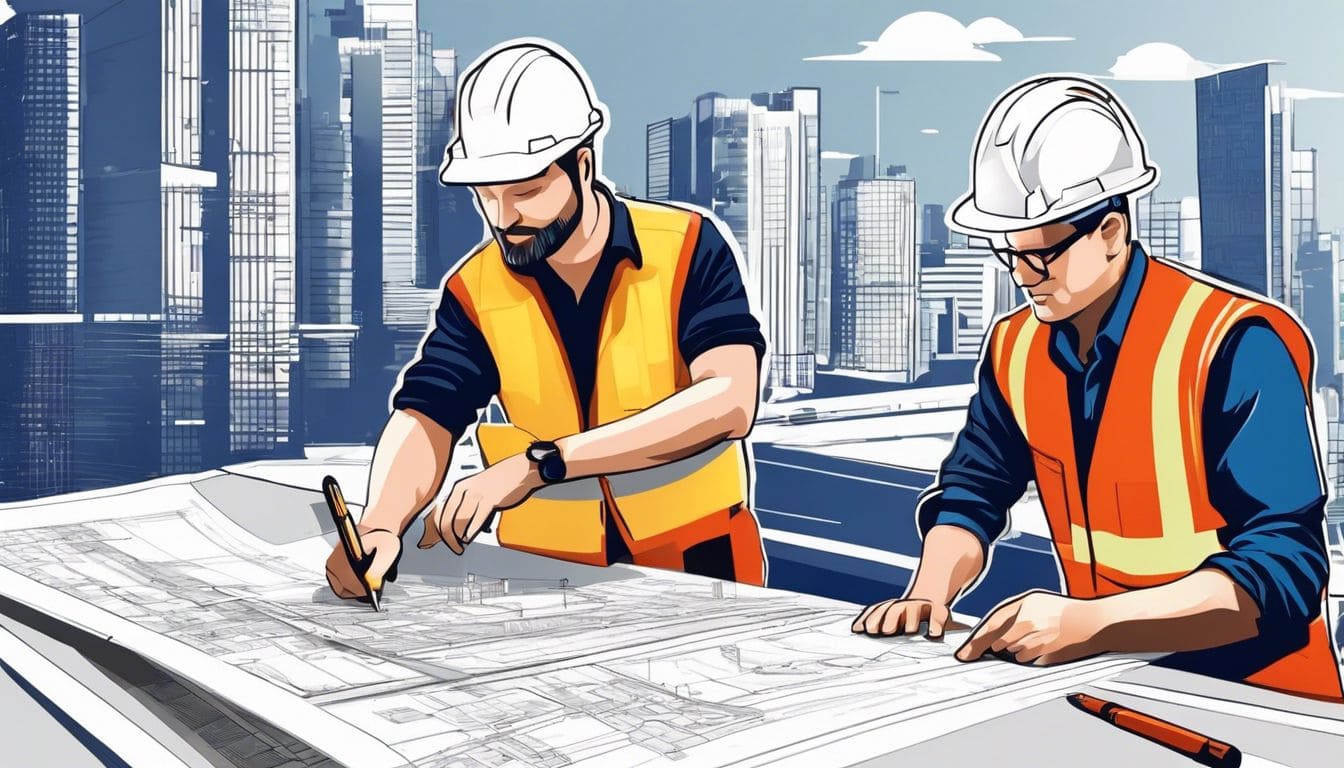 Een groep bouwvakkers bekijkt blauwdrukken op een bouwplaats in de stad.