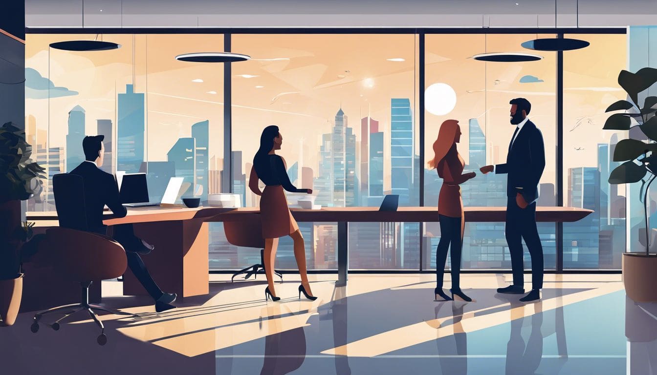 Een HR-team werkt samen in een moderne kantoorruimte met stadsgezichten. Een HR-team werkt samen in een moderne kantoorruimte met stadsgezichten.