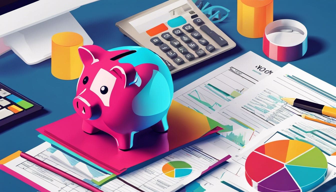 Een helder verlicht spaarvarken op een financieel rapport omringd door kantoorbenodigdheden. Een helder verlicht spaarvarken op een financieel rapport omringd door kantoorbenodigdheden.