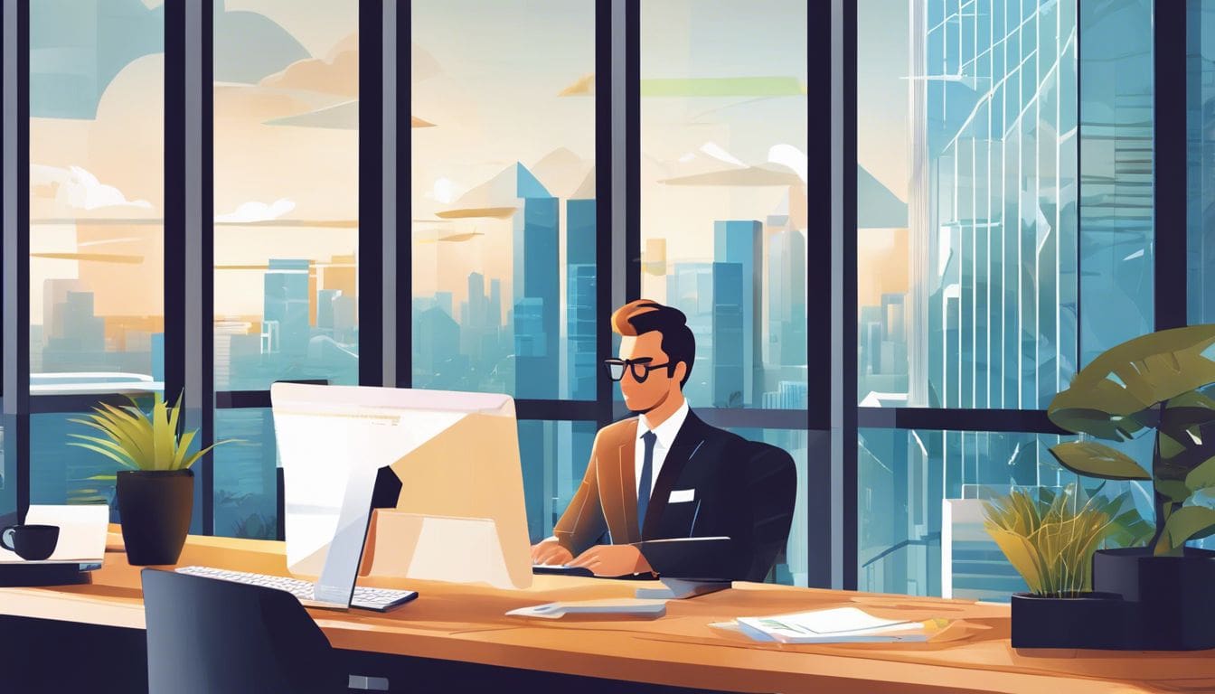 Een zakelijke professional analyseert financi&euml;le gegevens op een computer in een moderne kantooromgeving.