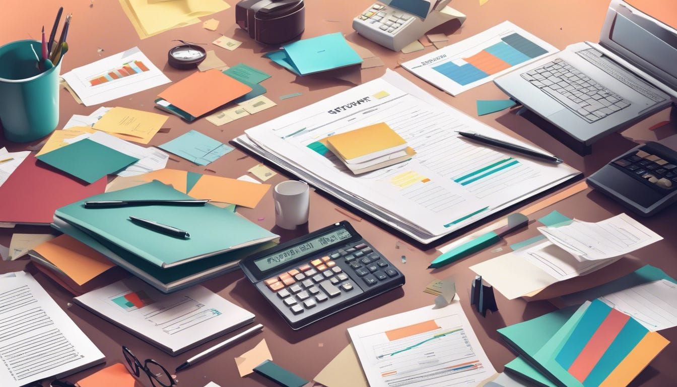 Een stapel keurig geordende financiële documenten met kantoorbenodigdheden eromheen. Een stapel keurig geordende financiële documenten met kantoorbenodigdheden eromheen.