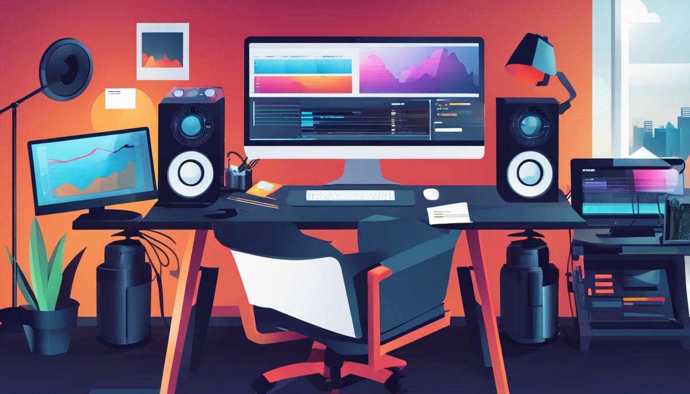 Een persoon omringd door video-editing apparatuur en georganiseerde papieren in een studio.