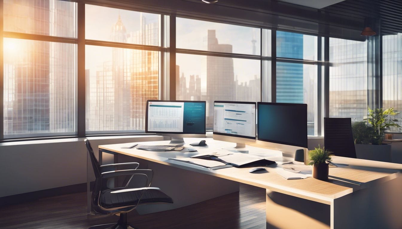 Een strakke en georganiseerde werkruimte met financi&euml;le documenten en spreadsheets.
