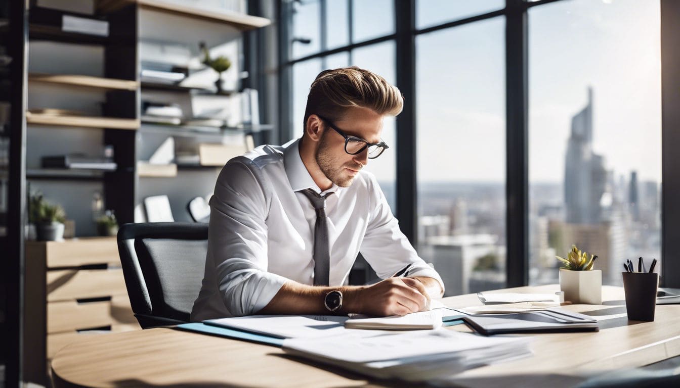 Een ondernemer zit aan een schone bureau omgeven door georganiseerde papieren, met een stadsgezicht op de achtergrond.