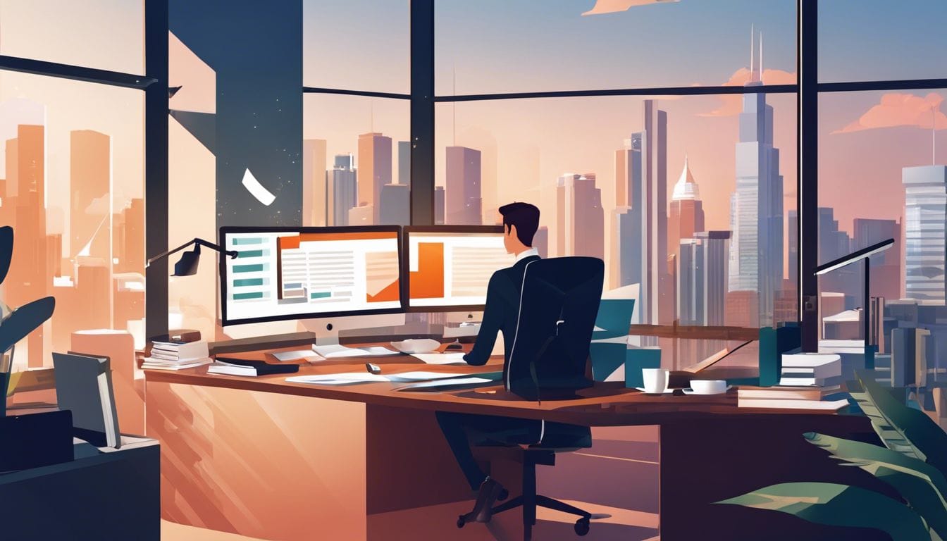 Een zakenpersoon werkt geconcentreerd te midden van financiële documenten en stadsgezichten. Een zakenpersoon werkt geconcentreerd te midden van financiële documenten en stadsgezichten.