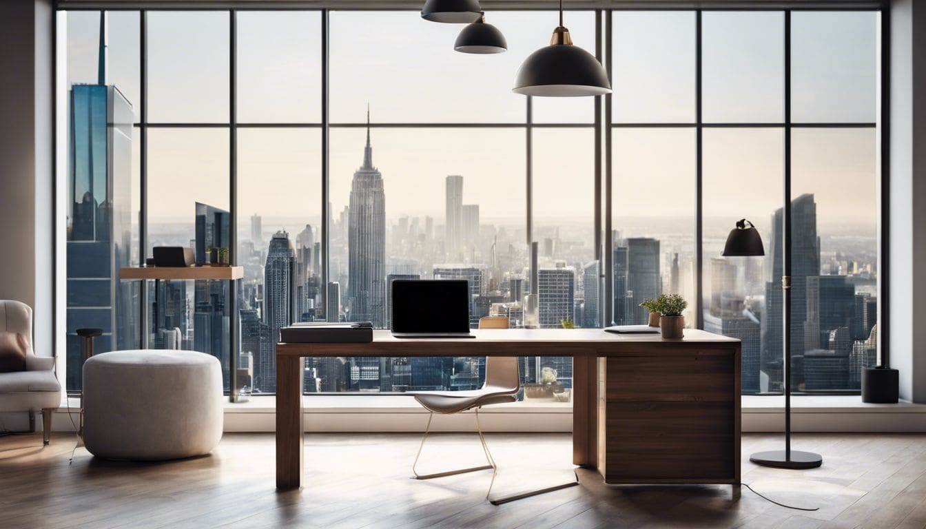 Een opgeruimd bureau in een moderne kantooromgeving met laptop en smartphone.