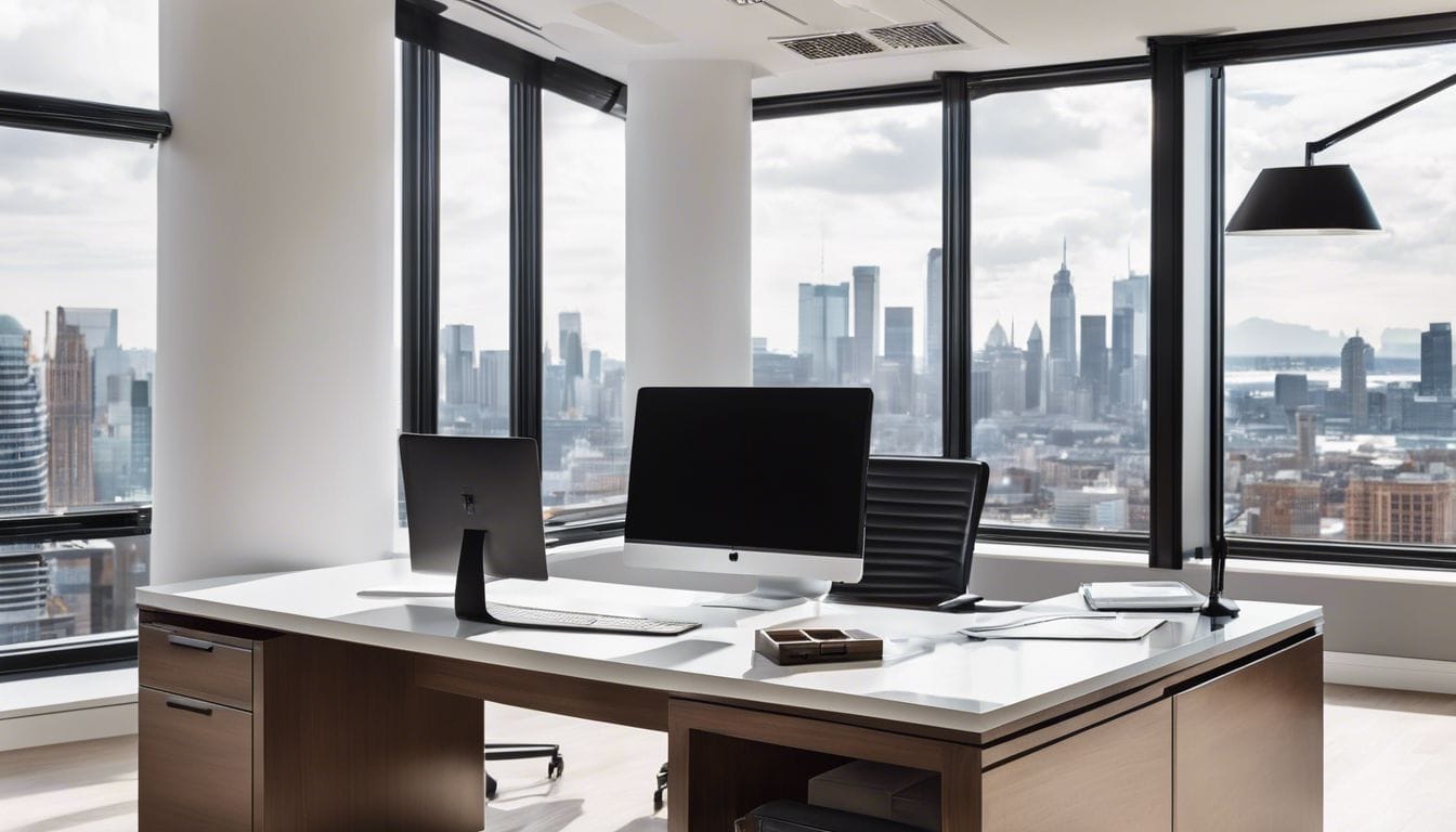 Een opgeruimd kantoor met financiële papieren en een rekenmachine, met uitzicht op de stad. Een opgeruimd kantoor met financiële papieren en een rekenmachine, met uitzicht op de stad.