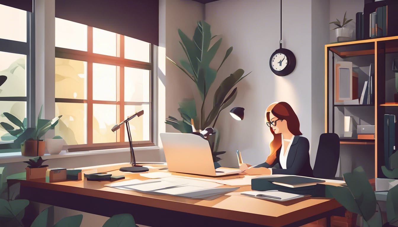 Een freelancer werkt in een schone thuiskantooromgeving, omgeven door papierwerk en een klok.