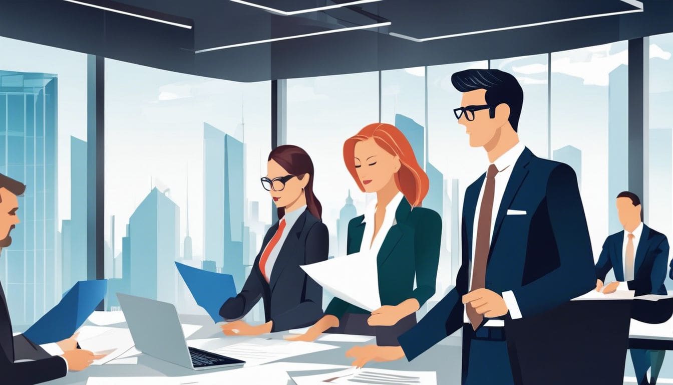 Een groep zakelijke professionals bespreekt financiële rapporten in een modern kantoor. Een groep zakelijke professionals bespreekt financiële rapporten in een modern kantoor.