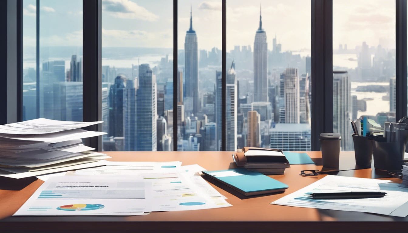 Een stapel netjes georganiseerde financi&euml;le documenten op een modern kantoor.