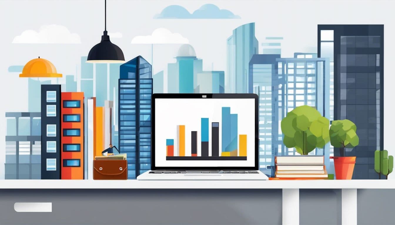 Een opgeruimd modern kantoorbureau met financi&euml;le documenten en digitale tools.