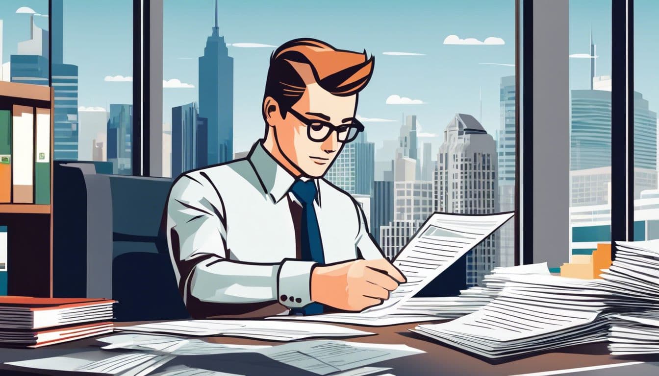 Persoon bekijkt financi&euml;le documenten in georganiseerd kantoor met stadsgezicht.