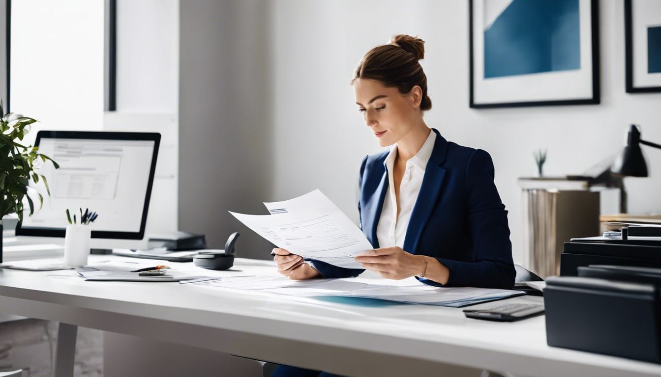 Een professionele vrouw bekijkt facturen en bonnetjes in een georganiseerd kantoor.
