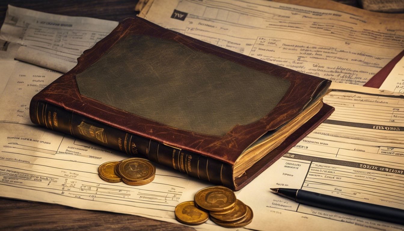 Een vintage grootboek met munten en financi&euml;le documenten.