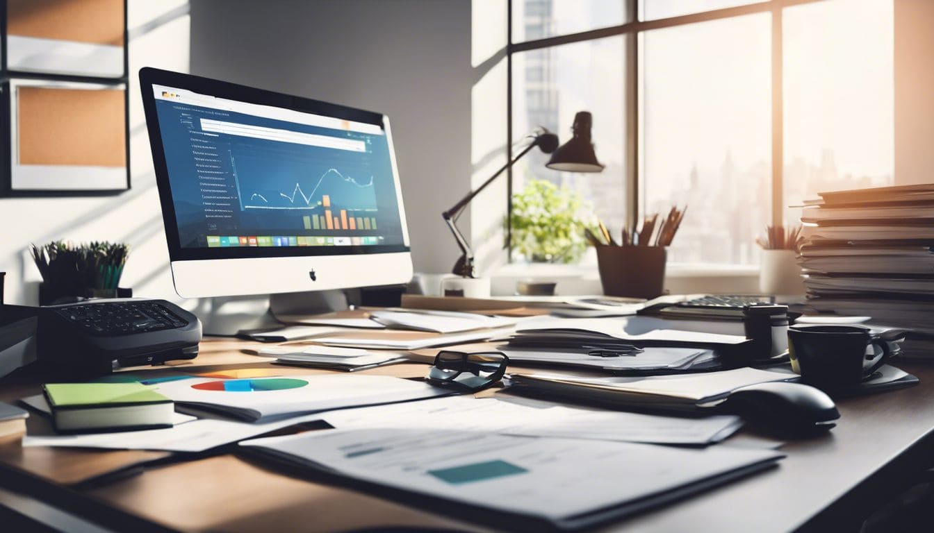Een georganiseerd kantoorbureau met computer, boeken en professionele sfeer. Een georganiseerd kantoorbureau met computer, boeken en professionele sfeer.