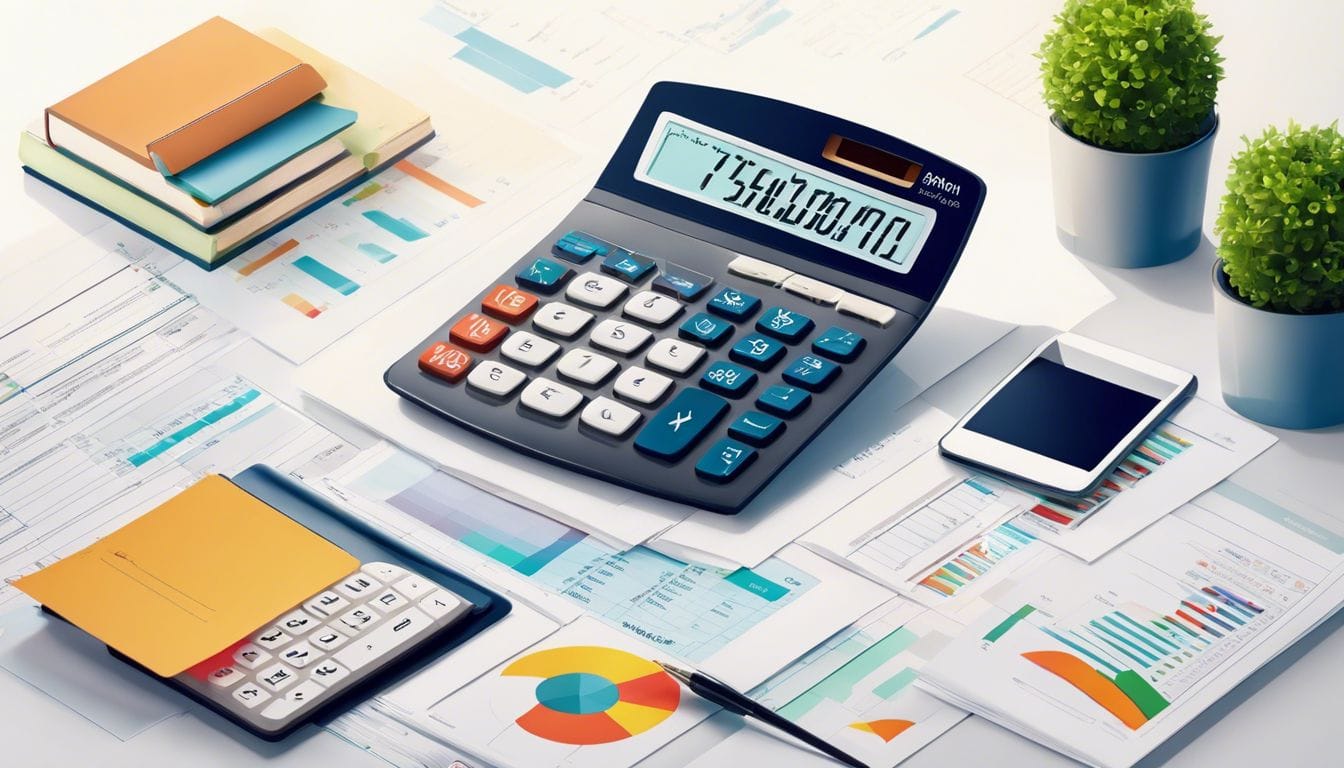 Een georganiseerd bureau met financiële documenten en een rekenmachine. Een georganiseerd bureau met financiële documenten en een rekenmachine.