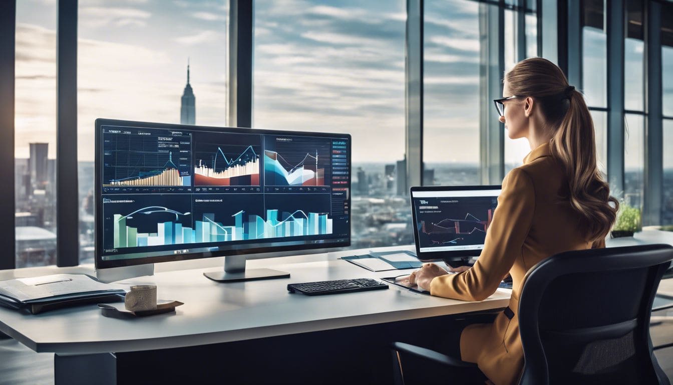 Een professionele zakenvrouw analyseert financi&euml;le gegevens op een modern kantoor.