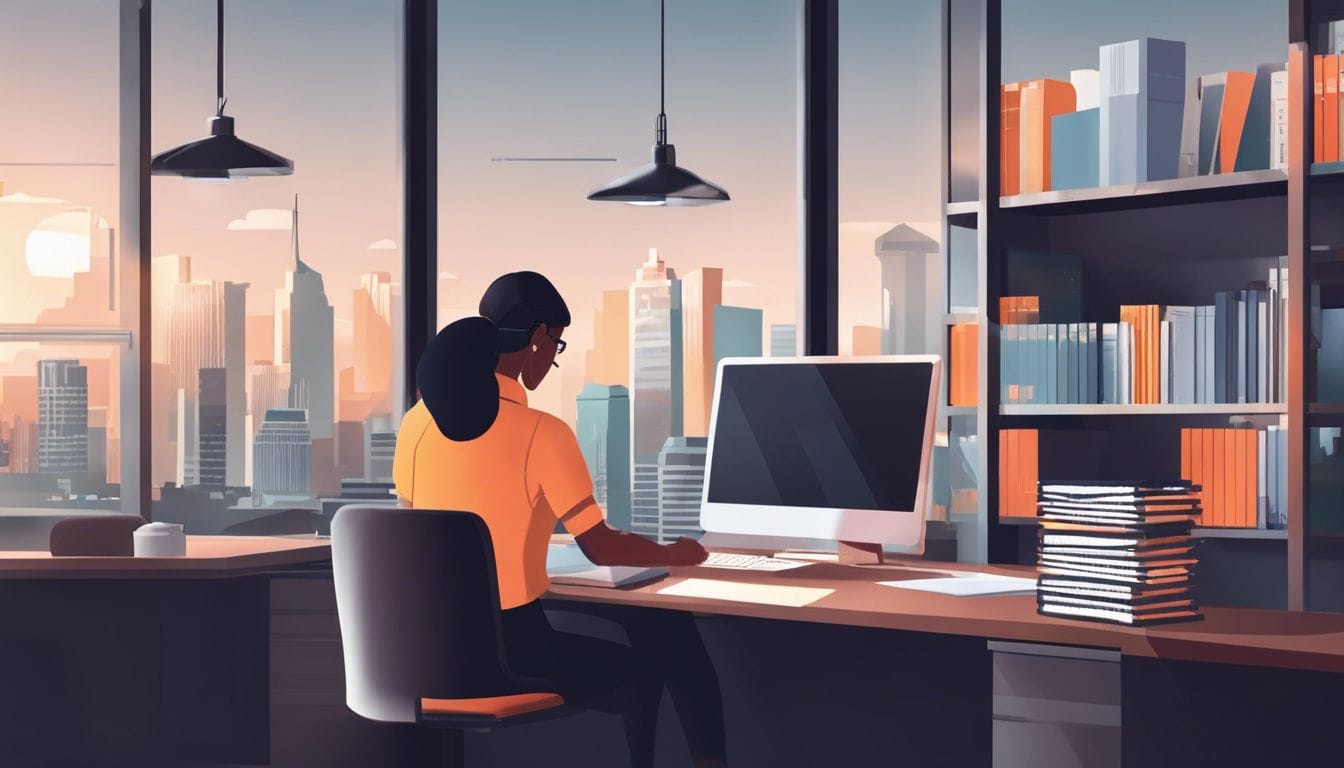 Een persoon organiseert digitale facturen in een kantoor met stadszicht.