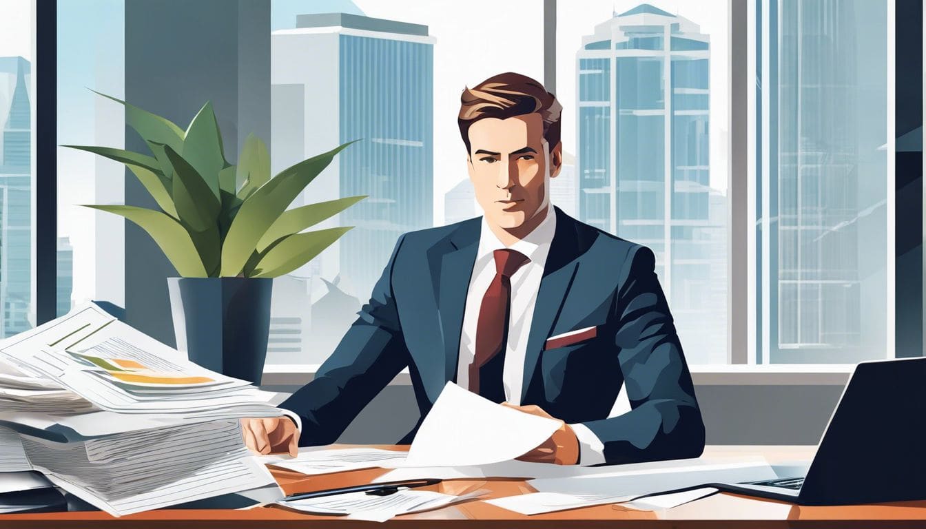 Een zelfverzekerde zakenman zit aan een bureau in een moderne kantooromgeving.