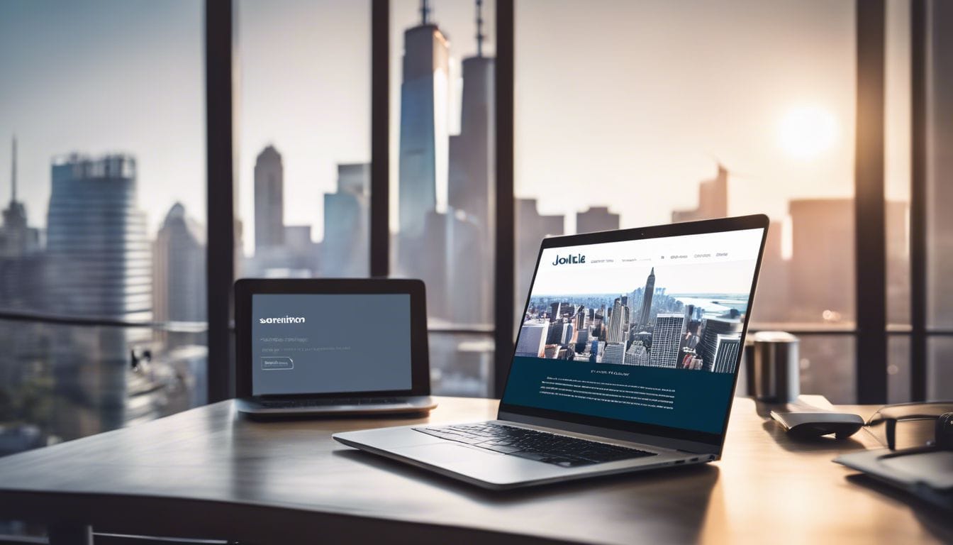 Een persoon logt in op Joomla op een moderne laptop in een minimalistische werkruimte met een stadsgezicht op de achtergrond. Een persoon logt in op Joomla op een moderne laptop in een minimalistische werkruimte met een stadsgezicht op de achtergrond.