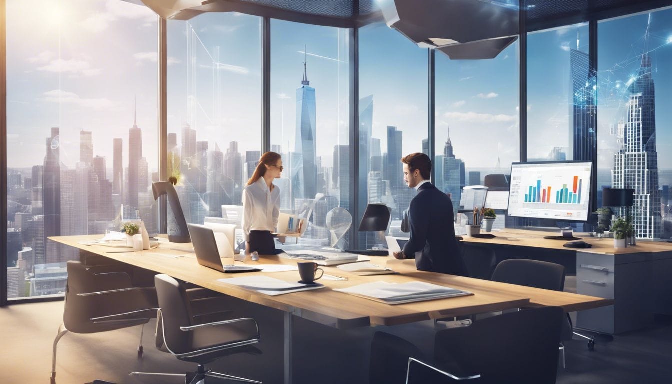 Een team van zakelijke professionals analyseert financi&euml;le software in een moderne kantooromgeving.