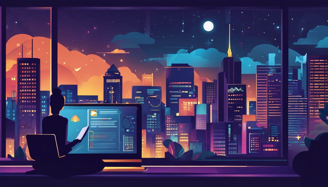 Persoon beheert financi&euml;n met Regiobank in nachtelijke stadssfeer.