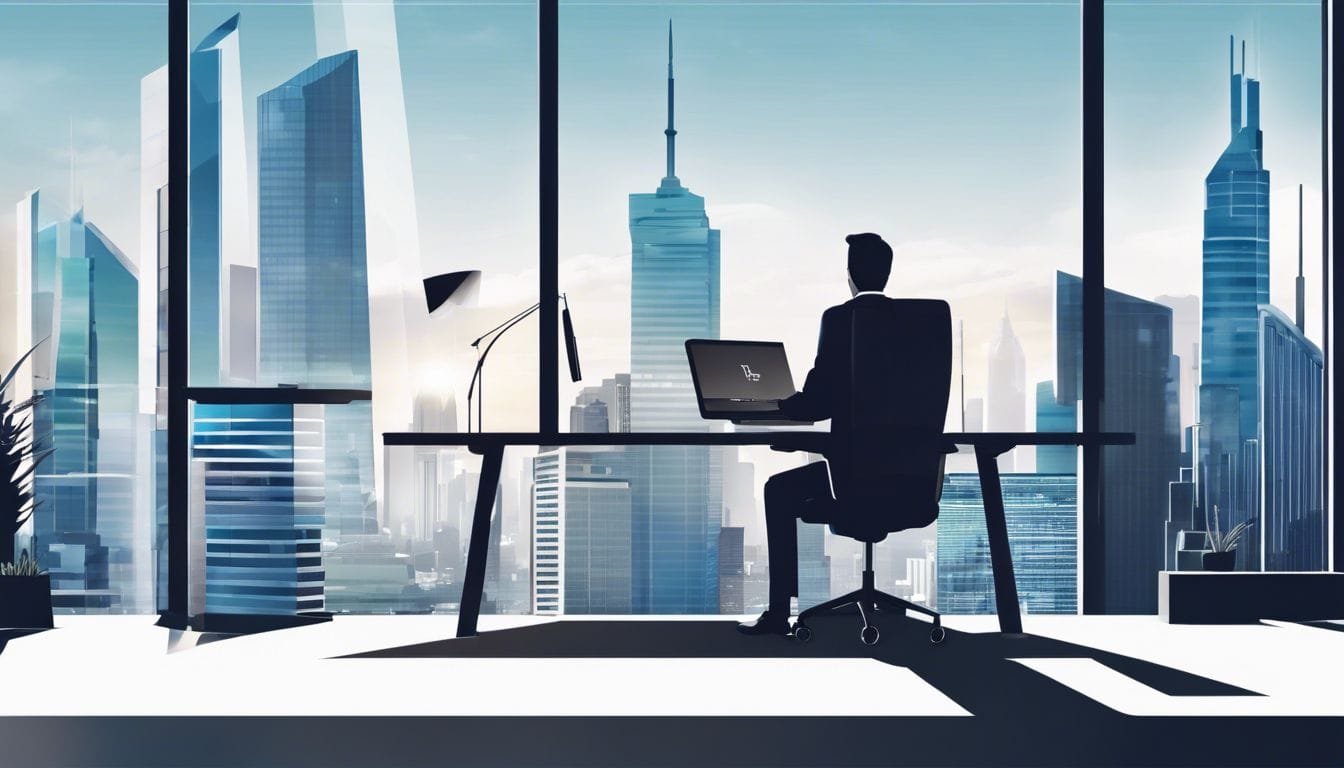 Een professionele accountant gebruikt digitale bankdiensten in een modern kantoor.