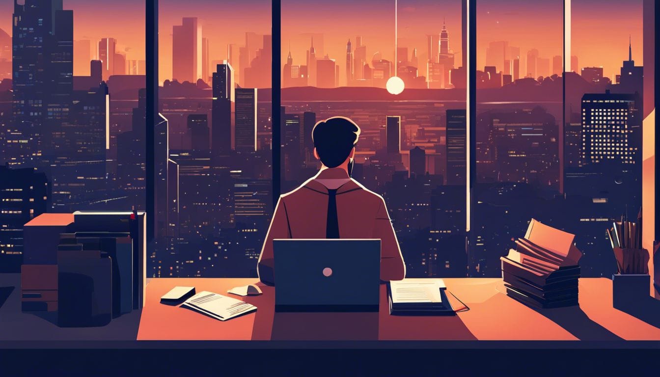 Een persoon werkt geconcentreerd aan een opgeruimd bureau in de stad.