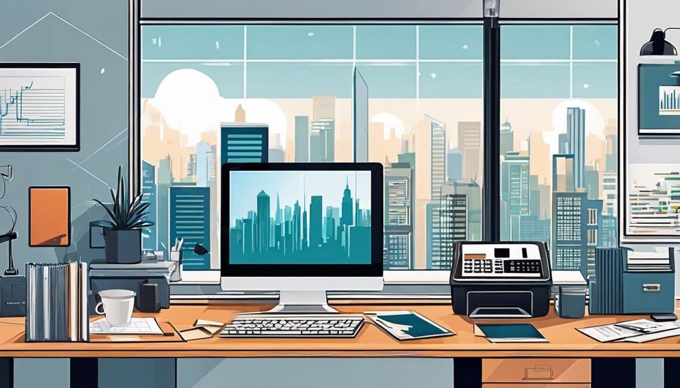 Een georganiseerd kantoor met computer, documenten en stadsgezicht door het raam.