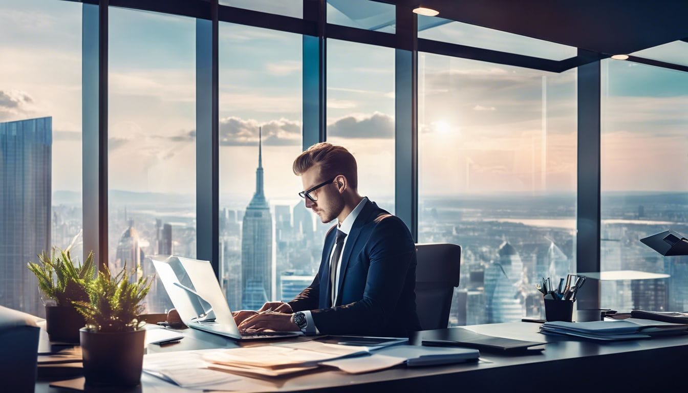 Een persoon werkt geconcentreerd in een modern kantoor met financiële documenten. Een persoon werkt geconcentreerd in een modern kantoor met financiële documenten.