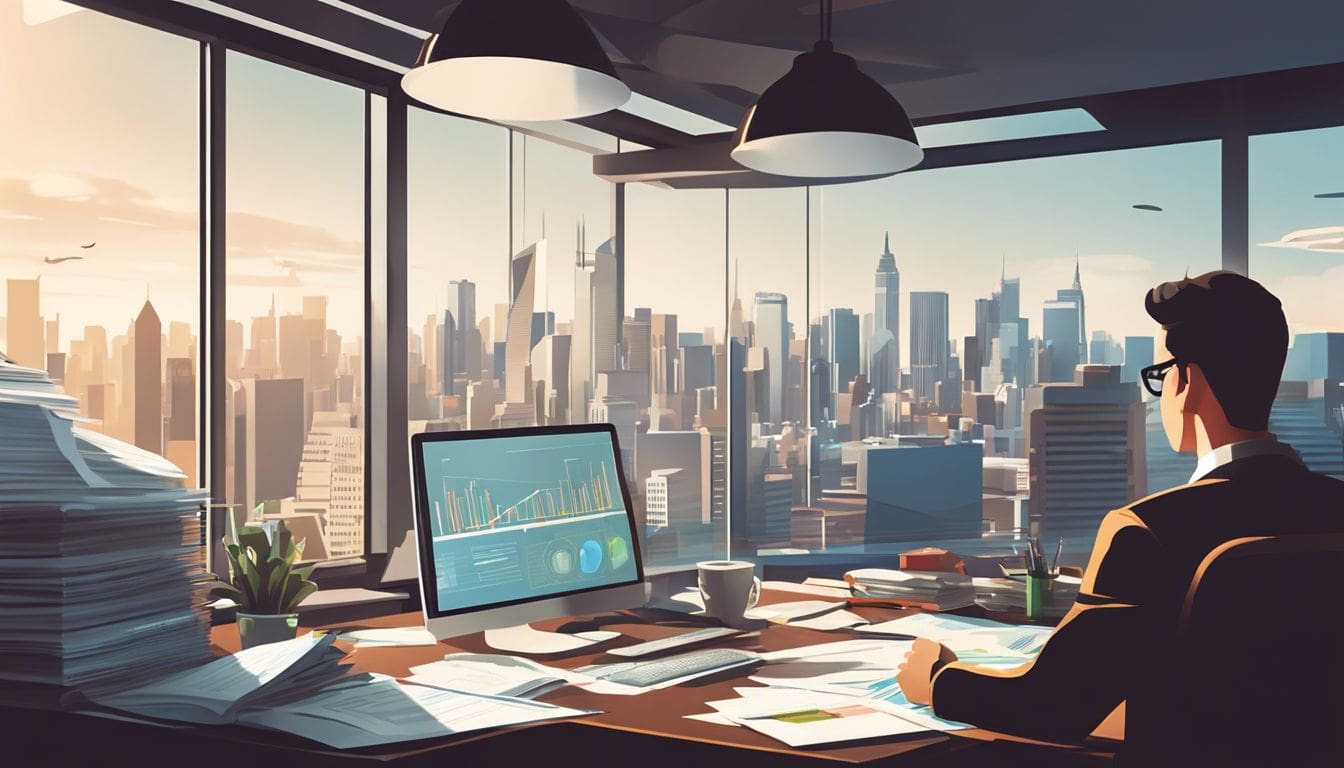 Een persoon organiseert financi&euml;le documenten met uitzicht op de stad.