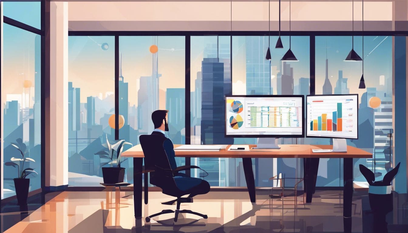 Een fysiotherapeut analyseert financi&euml;le grafieken in een strak kantoor.