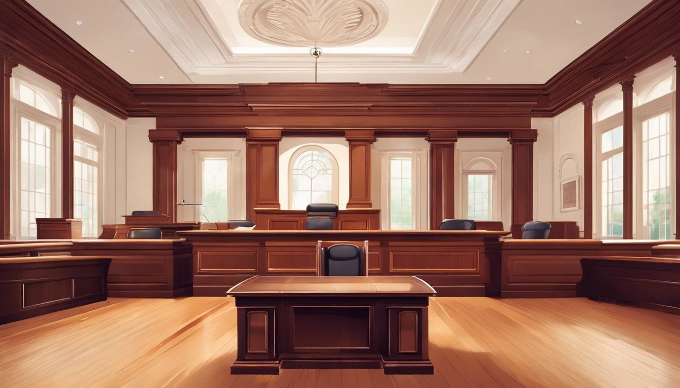 De binnenkant van een rechtszaal met georganiseerde juridische documenten op de rechterbank. De binnenkant van een rechtszaal met georganiseerde juridische documenten op de rechterbank.
