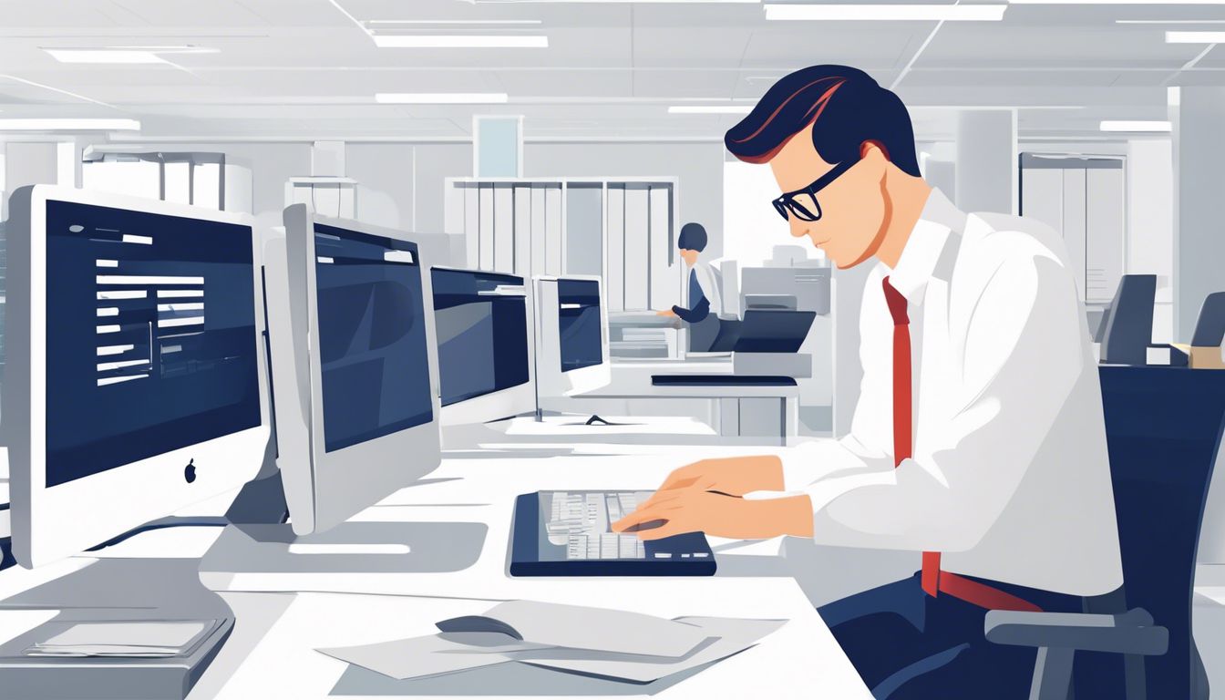 Een persoon navigeert zorgvuldig door computerbestanden in een minimalistisch kantoor. Een persoon navigeert zorgvuldig door computerbestanden in een minimalistisch kantoor.