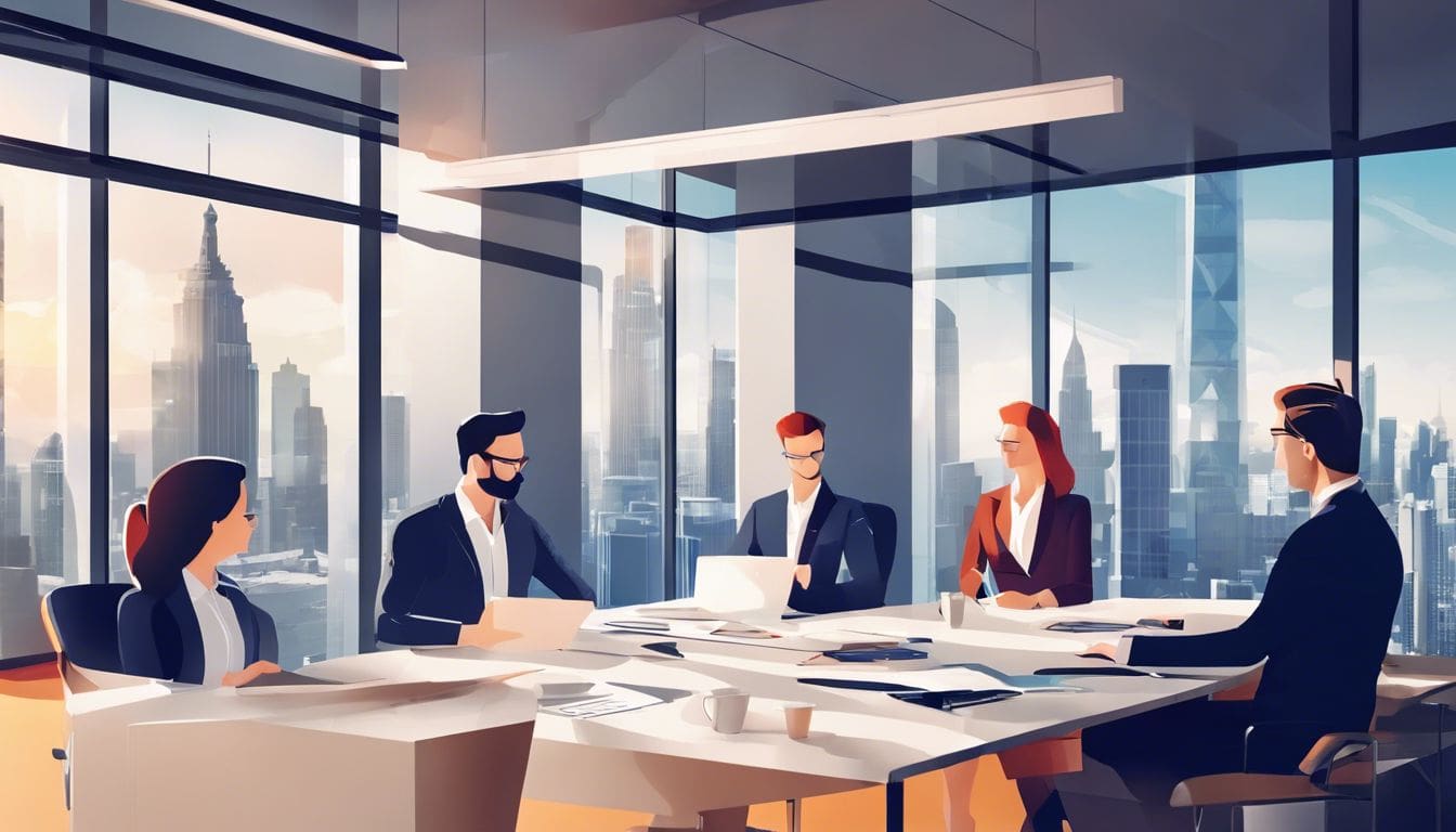 Een divers team van professionals bespreekt HR-strategie in een moderne kantooromgeving. Een divers team van professionals bespreekt HR-strategie in een moderne kantooromgeving.