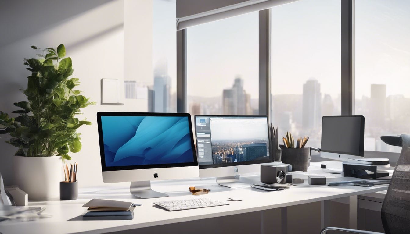 Een opgeruimd kantoorbureau met moderne computer en stadsfotografie. Een opgeruimd kantoorbureau met moderne computer en stadsfotografie.