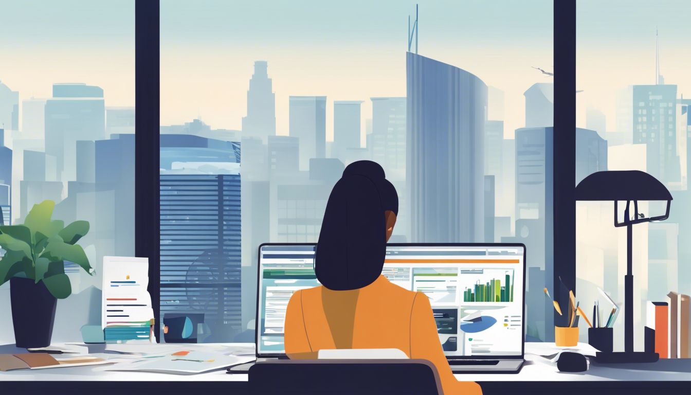 Persoon vergelijkt boekhoudsoftware opties in huiselijk kantoor met stadsgezicht. Persoon vergelijkt boekhoudsoftware opties in huiselijk kantoor met stadsgezicht.