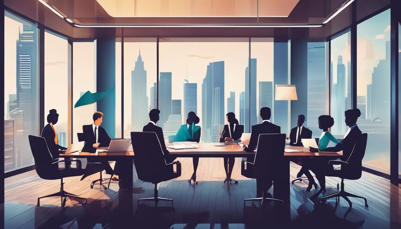 Een vergadering in een moderne bestuurskamer met financi&euml;le rapporten en stadsgezicht.