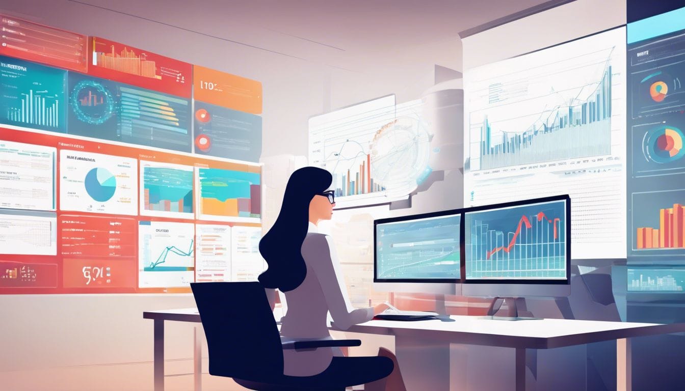 Een professionele vrouw analyseert financi&euml;le gegevens met AI-software in een modern kantoor.