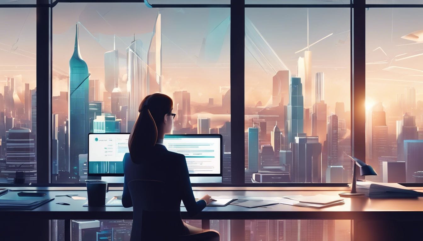 Een moderne werkruimte met AI-technologie, financi&euml;le documenten en stadsgezichten.