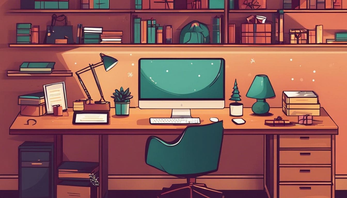 Een keurig georganiseerd bureau met gelabelde kerstcadeaus en feestelijke decoraties. Een keurig georganiseerd bureau met gelabelde kerstcadeaus en feestelijke decoraties.