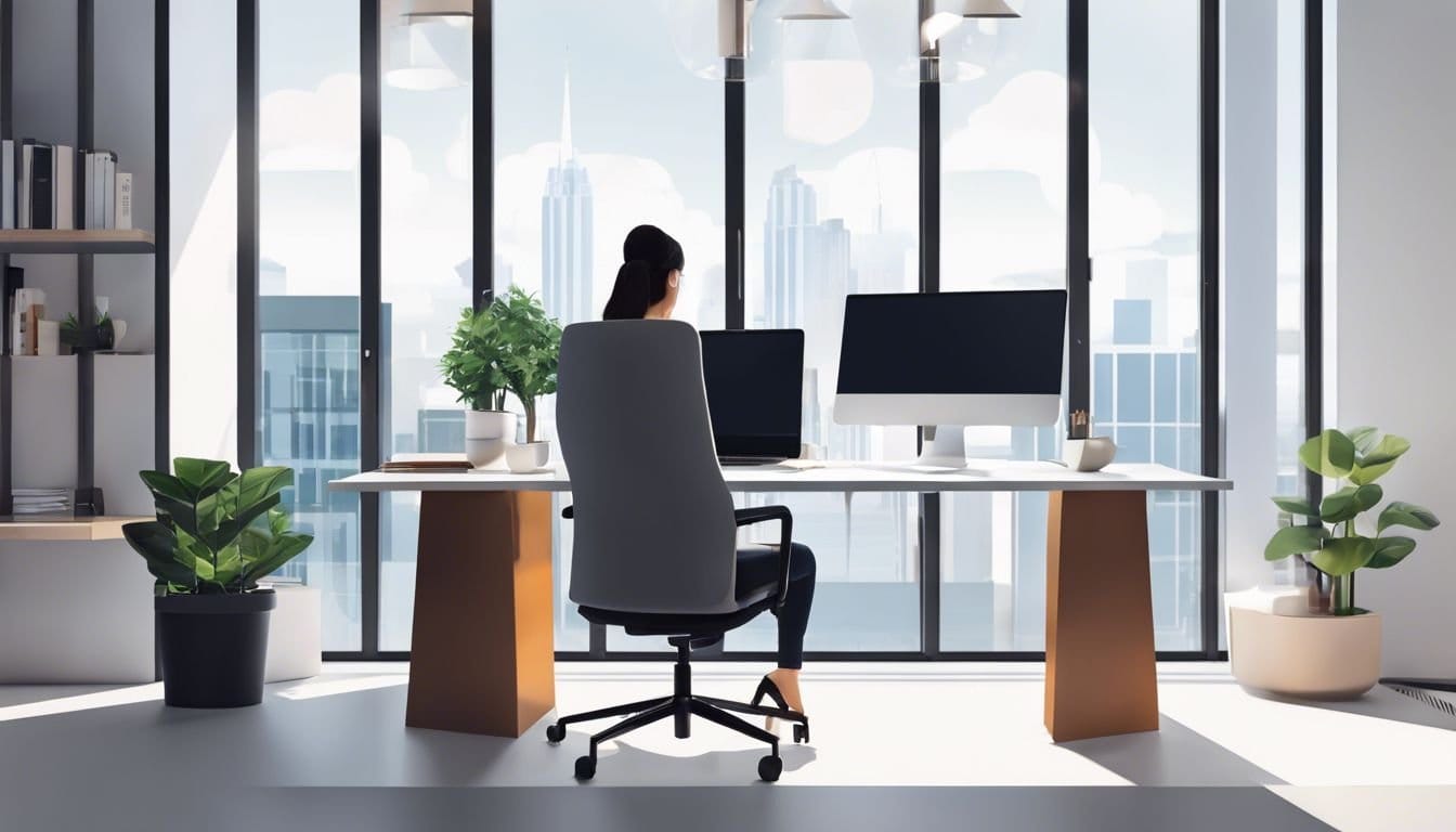 Een kleine ondernemer gebruikt cloud-gebaseerde boekhoudsoftware in een modern kantoor.