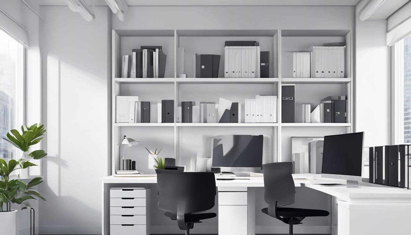 Een zakelijke professional organiseert bestanden in een moderne kantooromgeving. Een zakelijke professional organiseert bestanden in een moderne kantooromgeving.