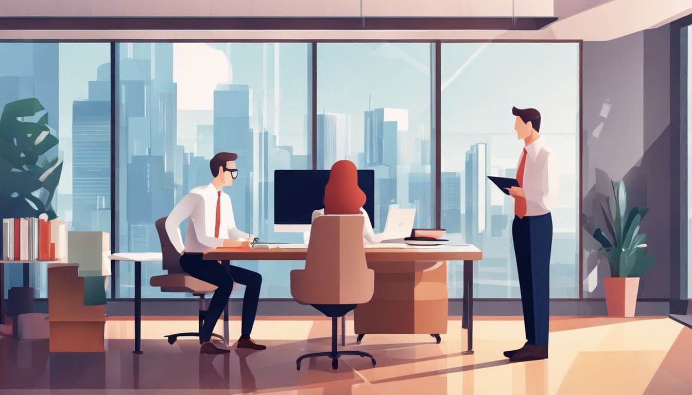 Twee zakenpartners bespreken financi&euml;le documenten in een comfortabel kantoor.